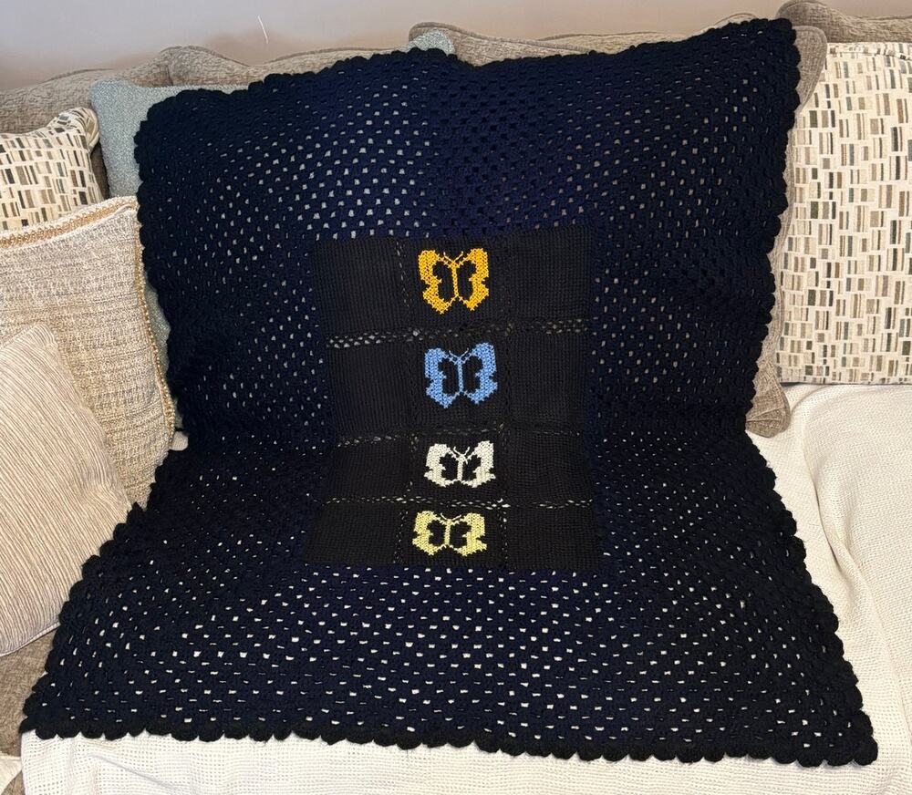 Vintage Handmade Afghan 35x45 Black Butterfly Granny Square Throw Blanket